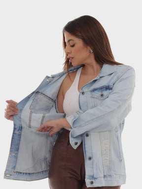 Jaqueta Bordada Feminina Jeans Com Bolsos Para o Inverno