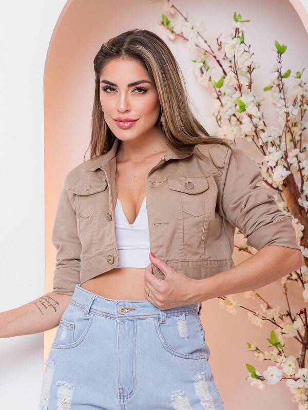 Jaqueta Jeans Feminina Curta Manga Longa Para o Inverno