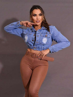 Jaqueta Feminina Jeans Curta Desfiada Para o Inverno