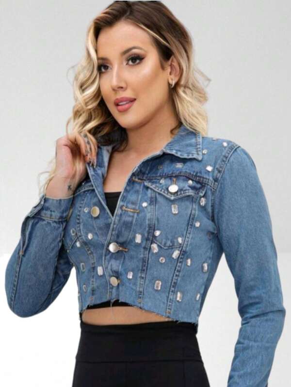 Jaqueta Jeans Feminina Curta Manga Longa Para o Inverno