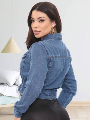 Jaqueta Jeans Feminina Curta Com Cordão Para o Inverno