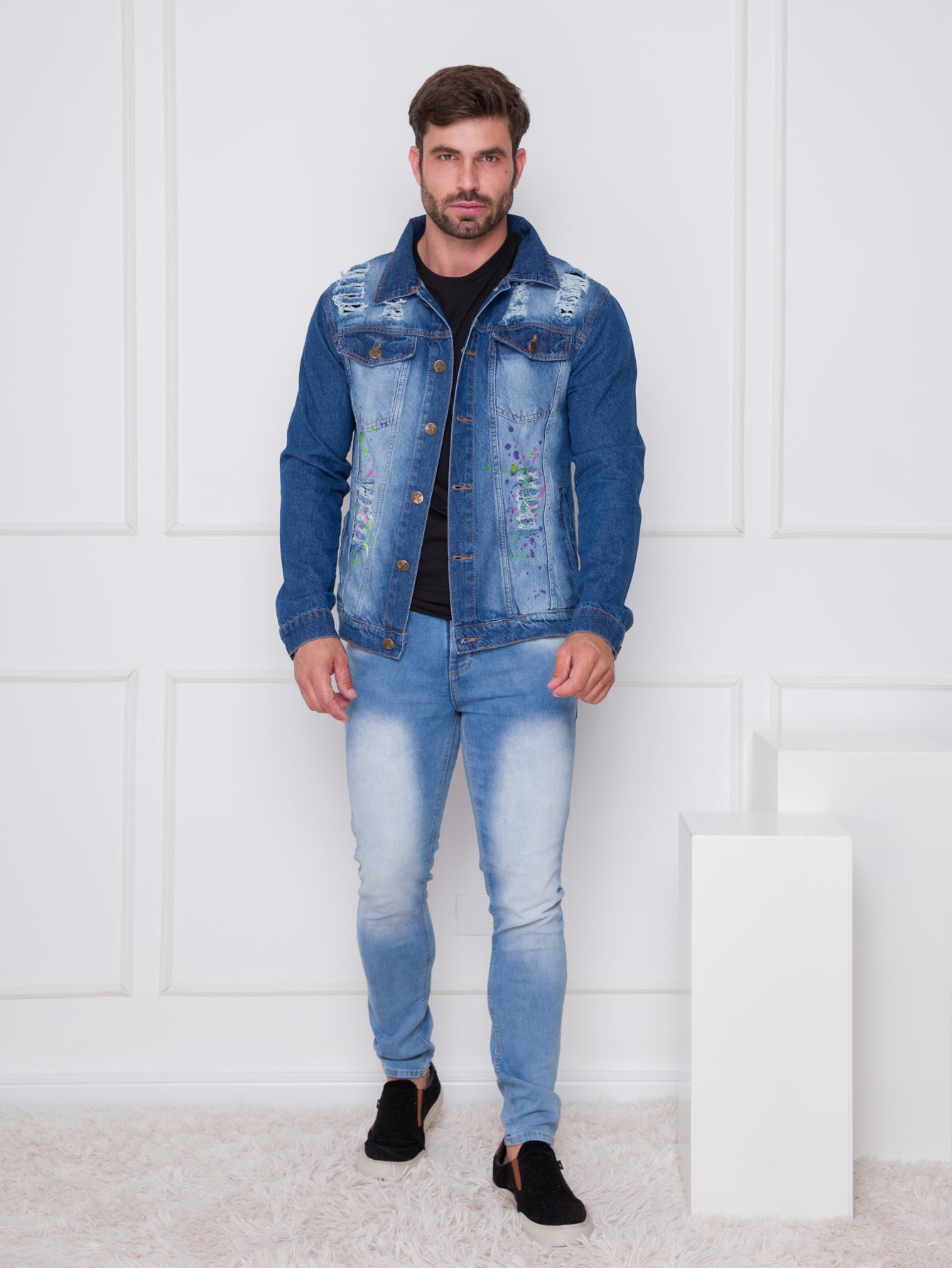 Jaqueta Jeans Masculina Manga Longa Com Botão Para o Inverno