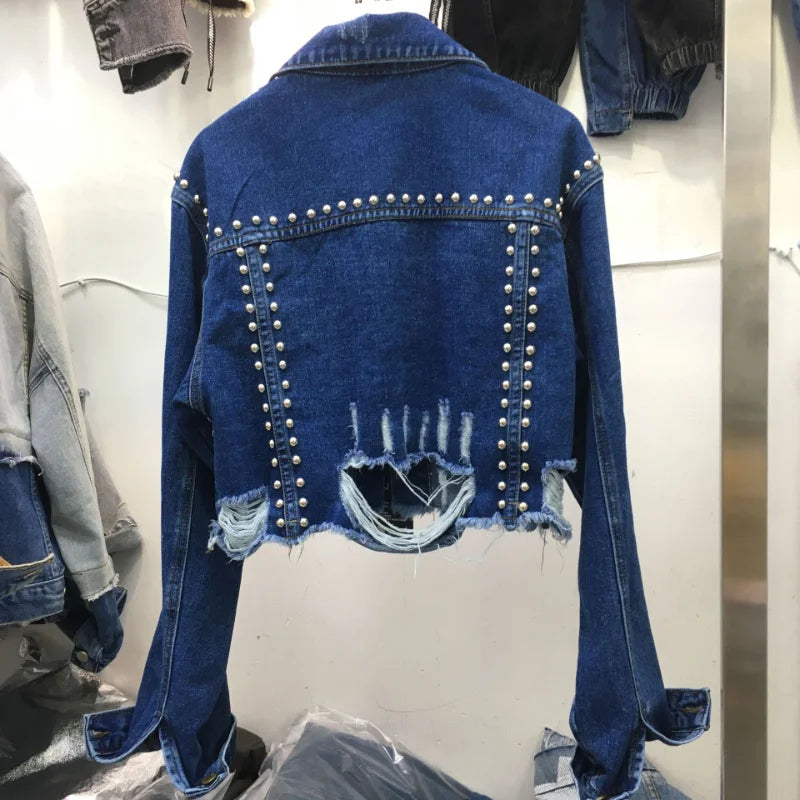 Jaqueta Jeans Feminina Curta Manga Longa Para o Inverno