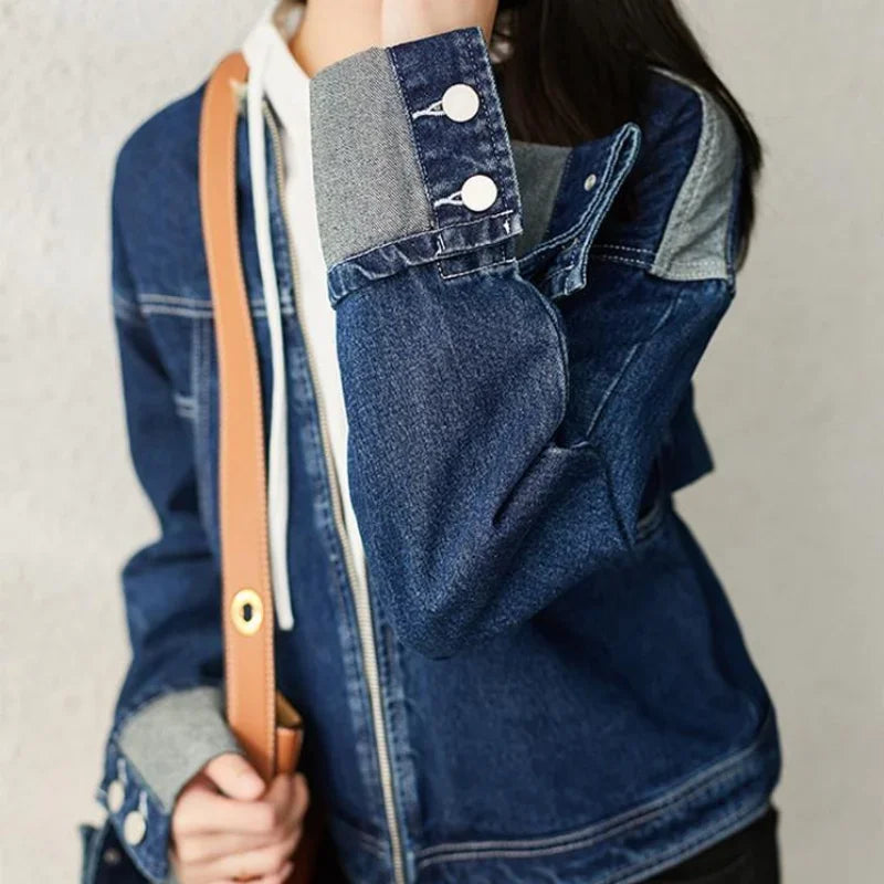 Jaqueta Feminina Jeans Com Bolsos De Ziper Para o Inverno