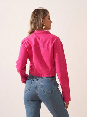 Jaqueta Feminina Jeans De Botão Curta Com Bolsos Para o Inverno