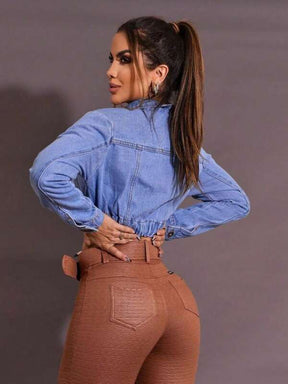 Jaqueta Feminina Jeans Curta Desfiada Para o Inverno