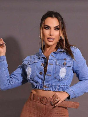 Jaqueta Feminina Jeans Curta Desfiada Para o Inverno