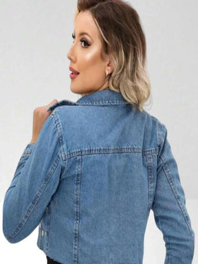 Jaqueta Jeans Feminina Curta Manga Longa Para o Inverno