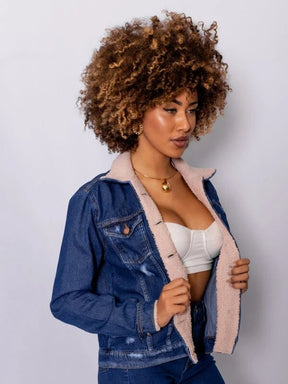 Jaqueta Jeans Feminina Com Forro De Lã Curta Para o Inverno