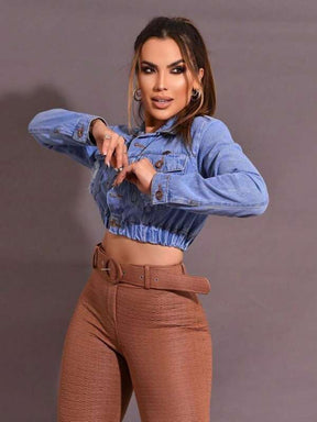 Jaqueta Feminina Jeans Curta Desfiada Para o Inverno