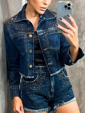 Jaqueta Jeans Curta Feminina Manga Longa Para o Inverno