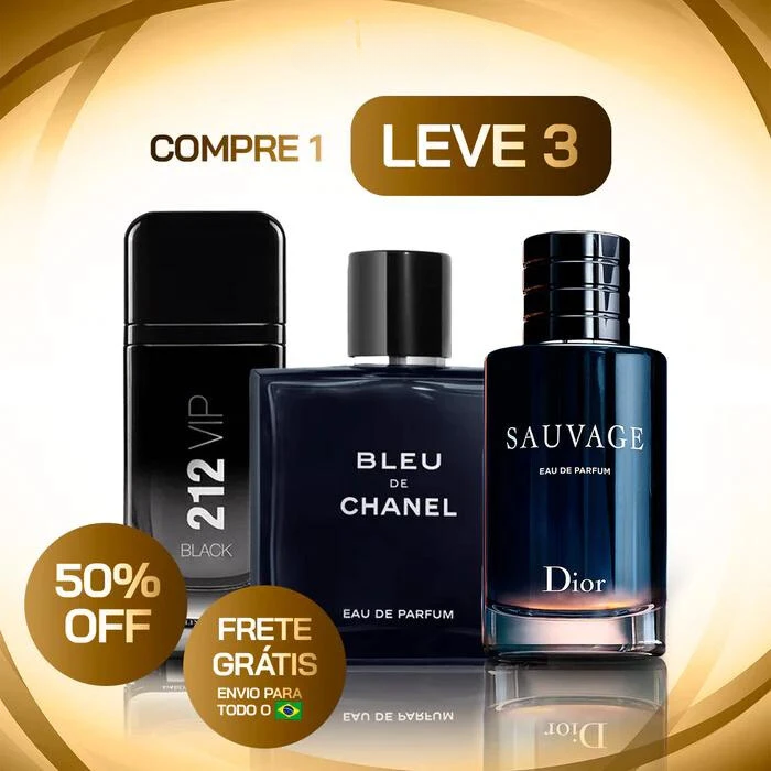 KIT 3 Perfumes Masculinos Importados (100ml cada) - Sauvage Dior | Bleu de Chanel | 212 Vip Black - Vivensci