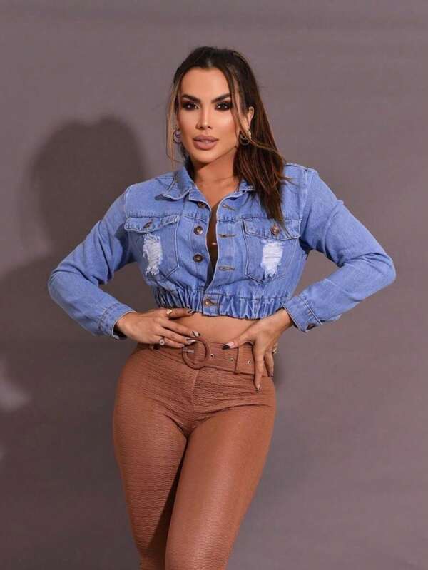 Jaqueta Feminina Jeans Curta Desfiada Para o Inverno